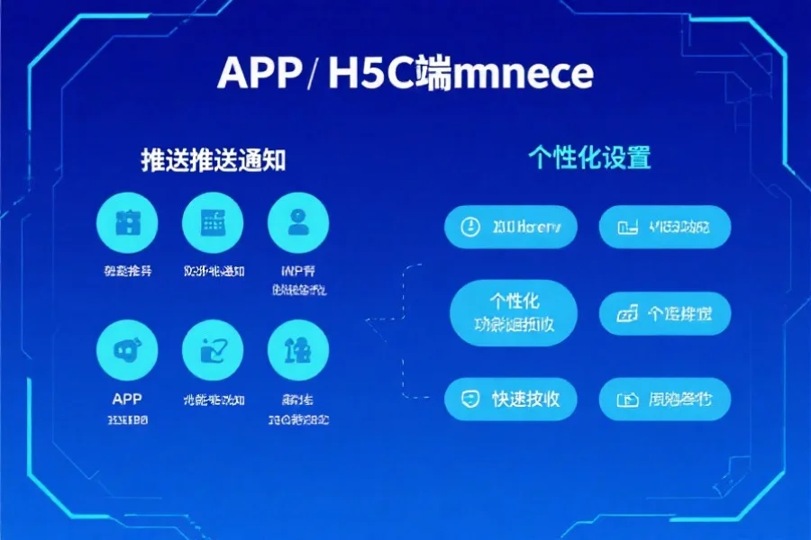 展示APP和H5客户端的功能对比，图表中分别列出推送通知、个性化设置、快速访问等功能，背景为蓝色科技风格